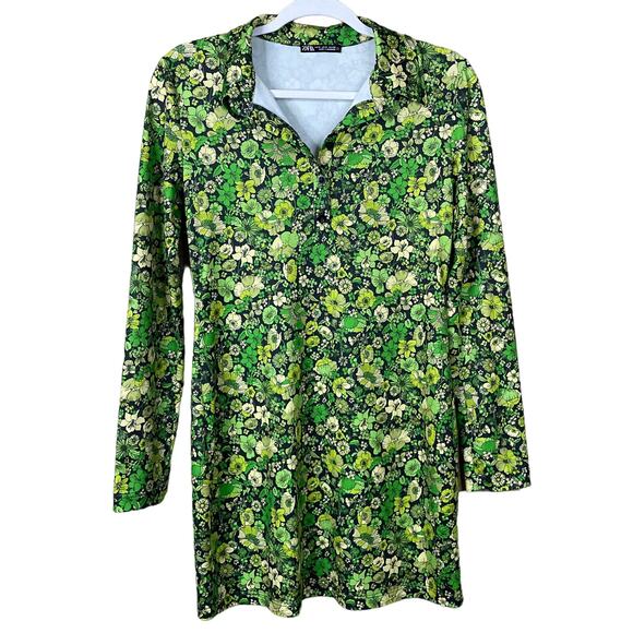 Zara Retro Mod Green Floral Print Long Sleeve Mini Shirt Dress Size Small - Picture 1 of 9
